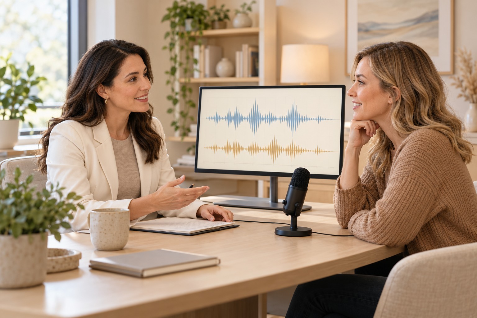 Avaliação da voz com microfone e ondas sonoras no ecrã